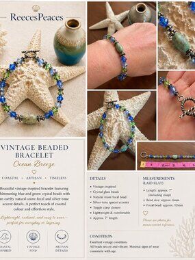 Beaded Bracelet Blue Green Crystal Stone Toggle Clasp